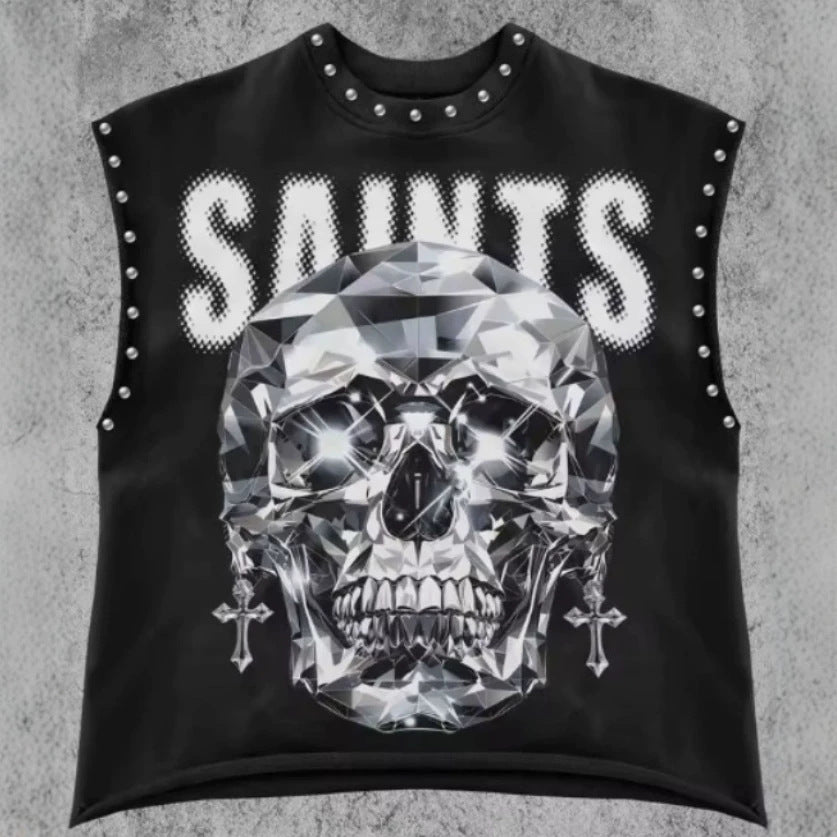 Vintage Retro Graphic Rivet Cut‑Off Sleeveless Tank Top Multi‑Style
