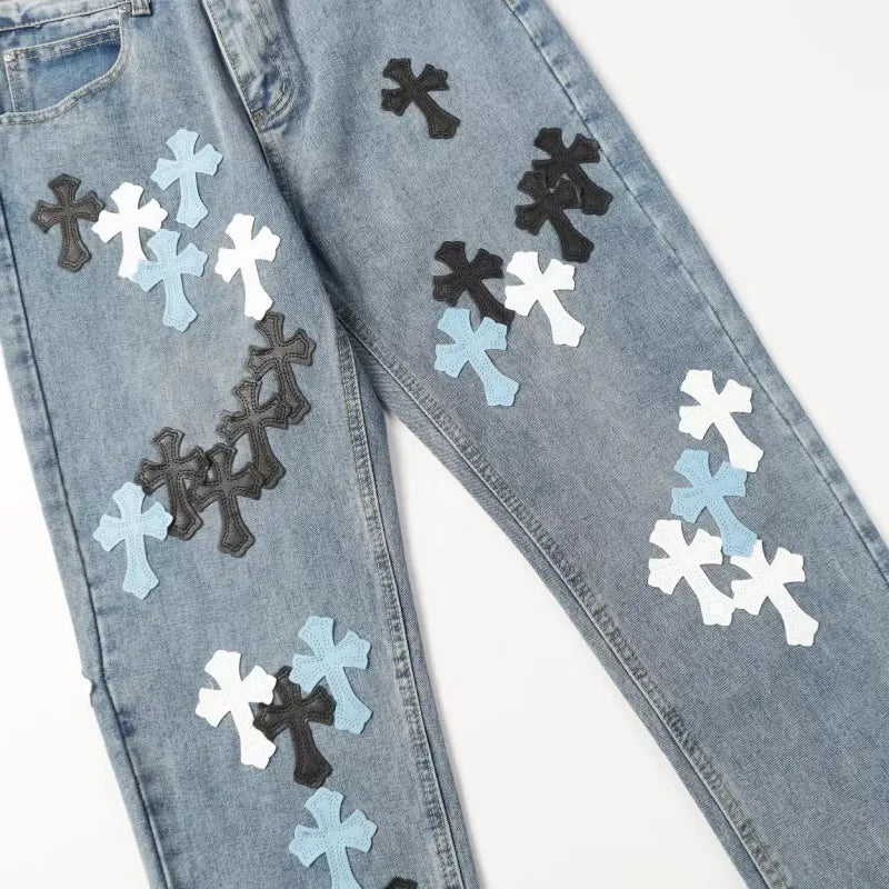 Chrome Hearts color cross leather jeans