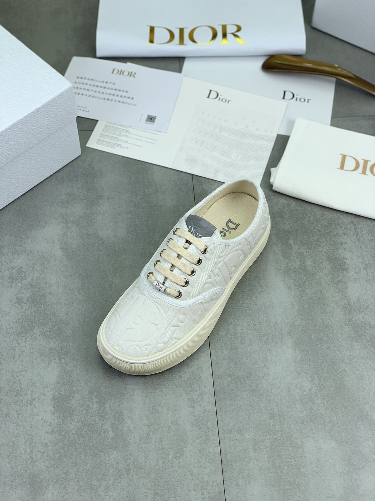 Dior White Embossed Low-Top Sneakers
